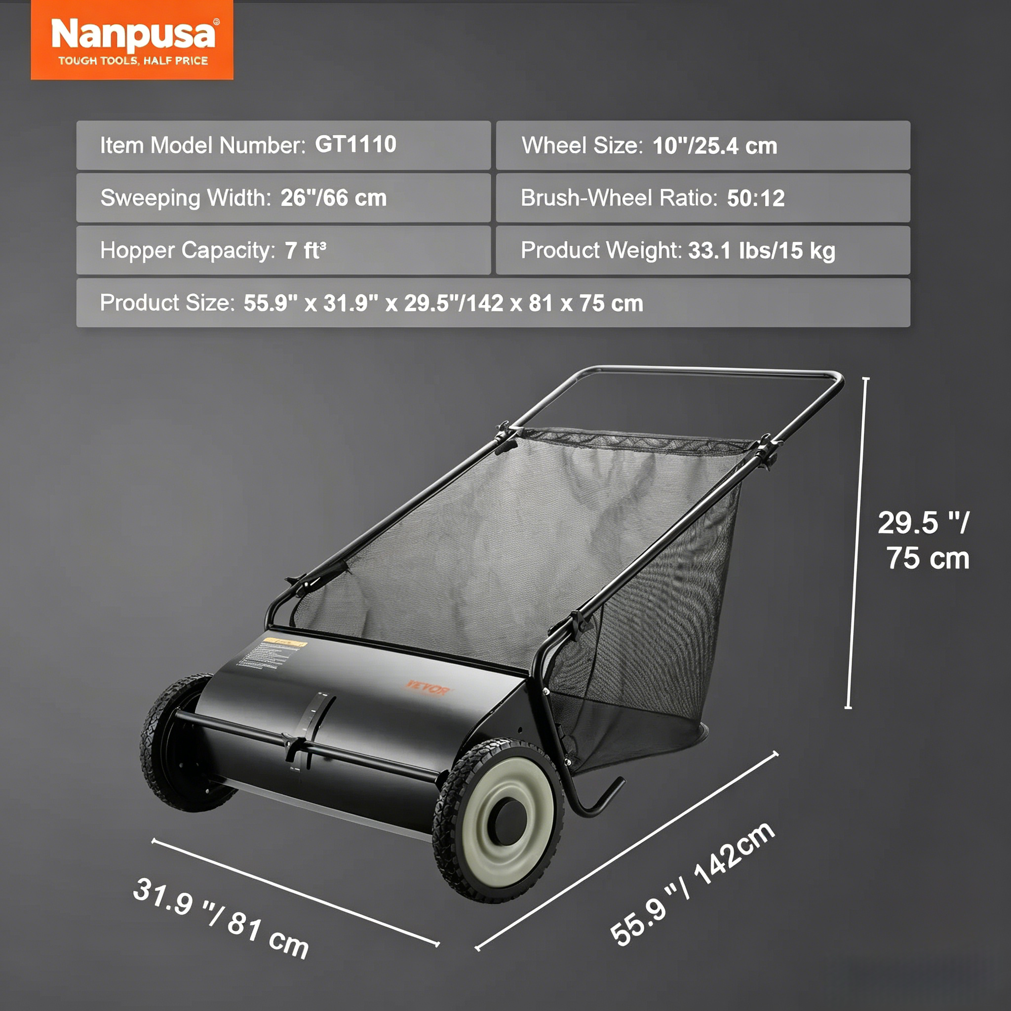 【fathersdaygift】NANPUSA 26-Inch Push Lawn Sweeper with 7 ft³ Collection Bag, Heavy-Duty Leaf & Grass Collector with 4 Rotating Brushes