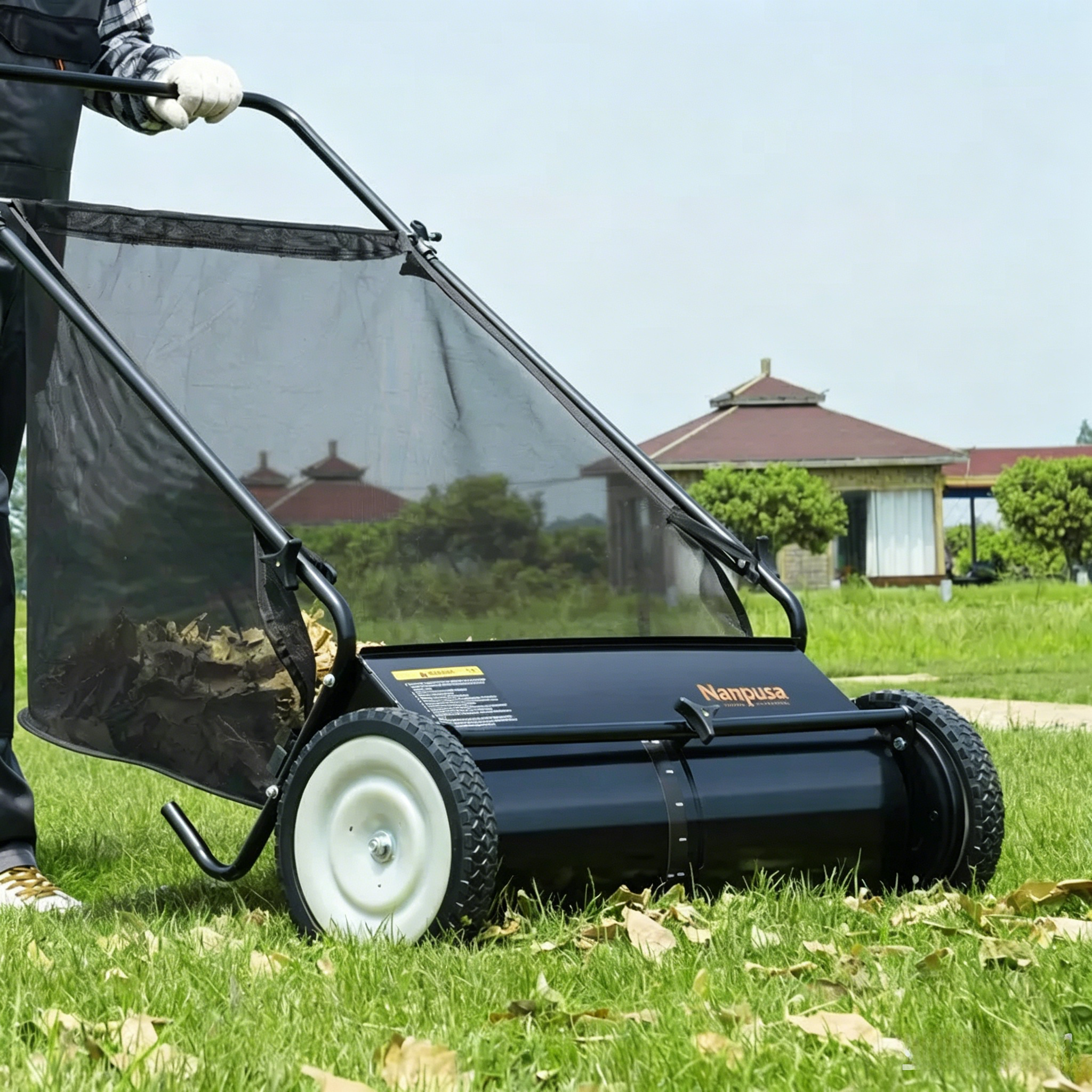 【fathersdaygift】NANPUSA 26-Inch Push Lawn Sweeper with 7 ft³ Collection Bag, Heavy-Duty Leaf & Grass Collector with 4 Rotating Brushes