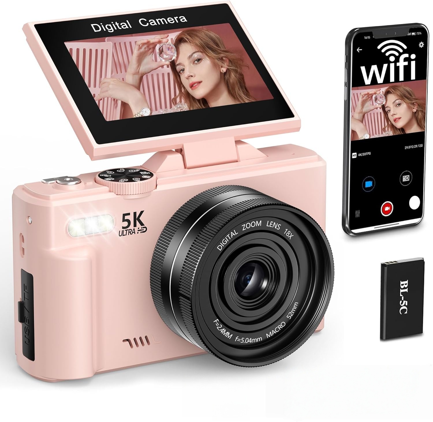 4K Digital Camera for Photography with 64MP, 3 Inch 180° Flip Screen, 18X Digital Zoom, 32GB Micro SD Card, 2 Batteries, Ideal for Gift