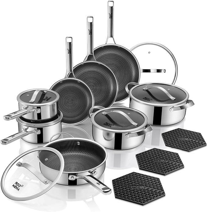 17PC Stainless Steel Non-Stick Cookware Set – High Quality Hybrid Pots & Pans, Silver