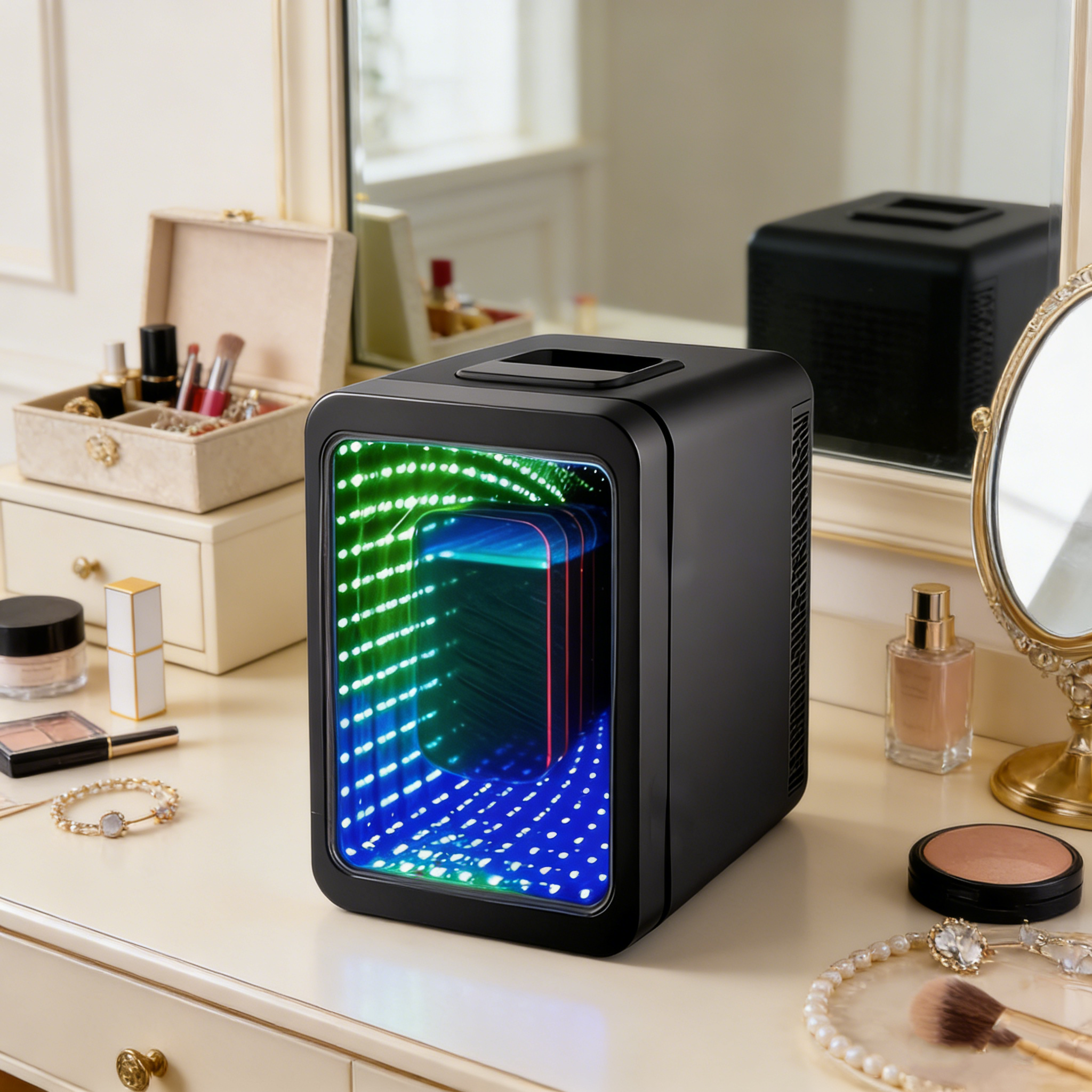 Portable 4L Mini Beauty Fridge with Mirror Door – Quiet Cooling for Skincare, Cosmetics & Snacks