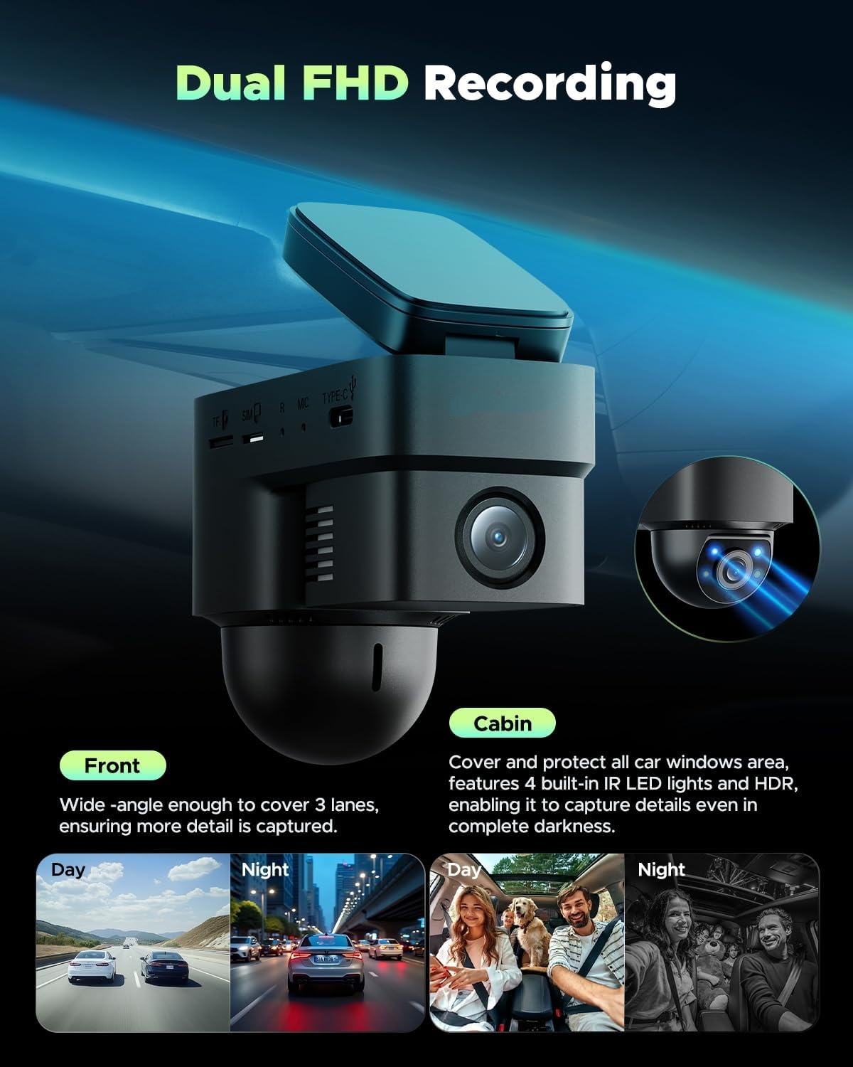 Nanpusa™ 4G Smart Dash Camera 1080P Front & Rear Recording with Motion Detection & Anti-Theft Protection