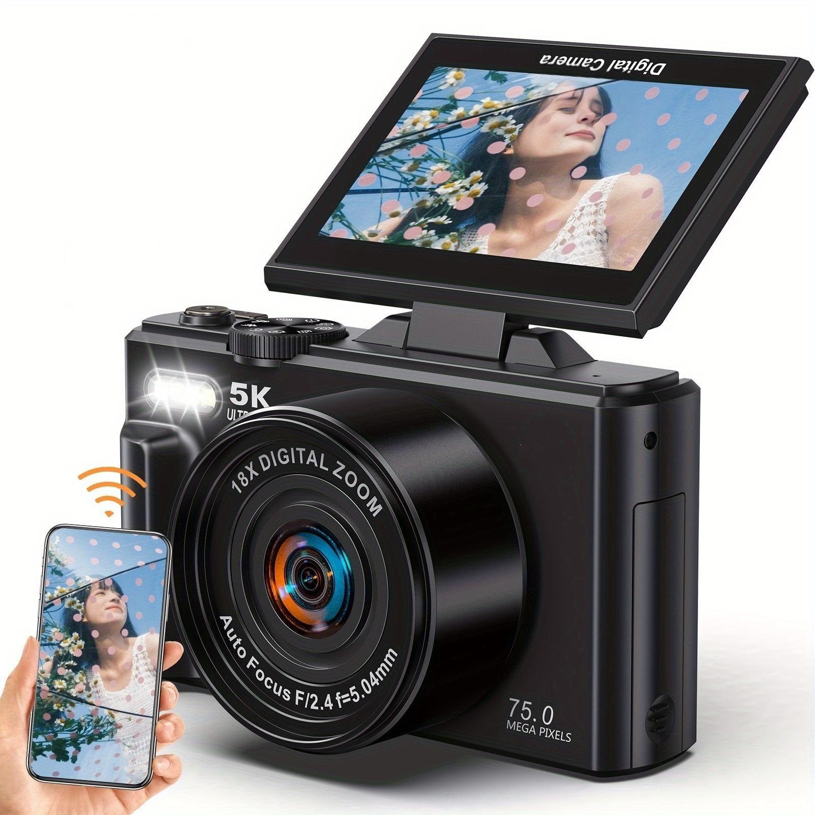 4K Digital Camera for Photography with 64MP, 3 Inch 180° Flip Screen, 18X Digital Zoom, 32GB Micro SD Card, 2 Batteries, Ideal for Gift