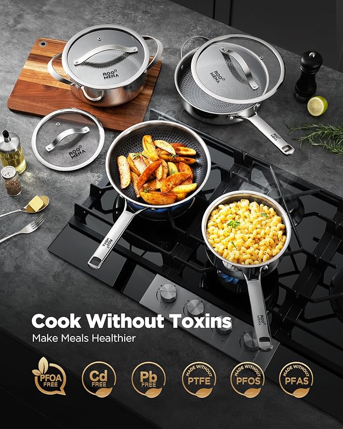 17PC Stainless Steel Non-Stick Cookware Set – High Quality Hybrid Pots & Pans, Silver