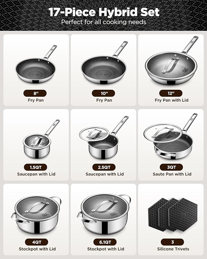 17PC Stainless Steel Non-Stick Cookware Set – High Quality Hybrid Pots & Pans, Silver