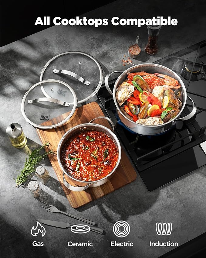 17PC Stainless Steel Non-Stick Cookware Set – High Quality Hybrid Pots & Pans, Silver