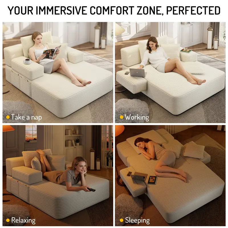 Luxury Plush Corduroy Convertible Sofa Bed, Oversized Chaise Lounge with 3 Pillows & Storage Pocket, Frameless Compression Foam Design for Small Spaces, No Assembly Required Sleeper Chair for Living Room, Apartment