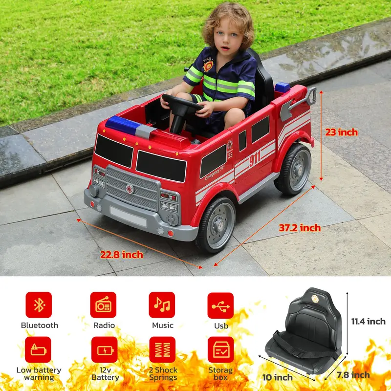 12V Fire Truck Police Car, Electric Ride on Car for Kids with Remote Control Battery Powered Toddler Car Siren-Call,walkie-talkies, Flashing Lights,Bluetooth,Music Ages 36+ Months