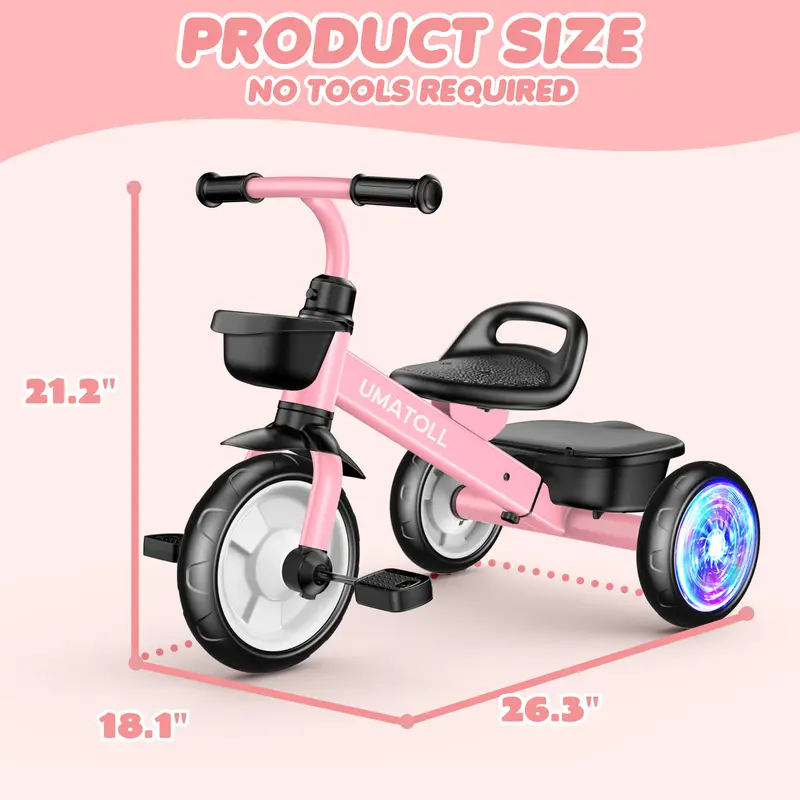 Umatoll Tricycle for Toddlers 2-5 Year Old boy&gril gifts，2-5 Year Birthday gifts, Adjustable Toddler Bike with Light Up Wheels Durable Carbon Steel Frame & Dual Baskets for Outdoor Fun，babies Christmas gifts, #DealsForYouDays