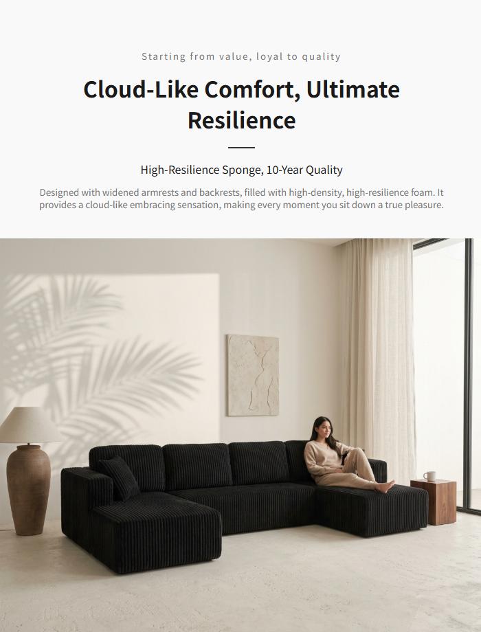 [2 Packages] Niccae 132-Inch U-Shaped Memory Foam Sectional Sofa &mdash; An oversized modular design offering "cloud-like" comfort; features deep seating and compressed corduroy fabric, combining space-saving capabilities with a convertible sleeper function.