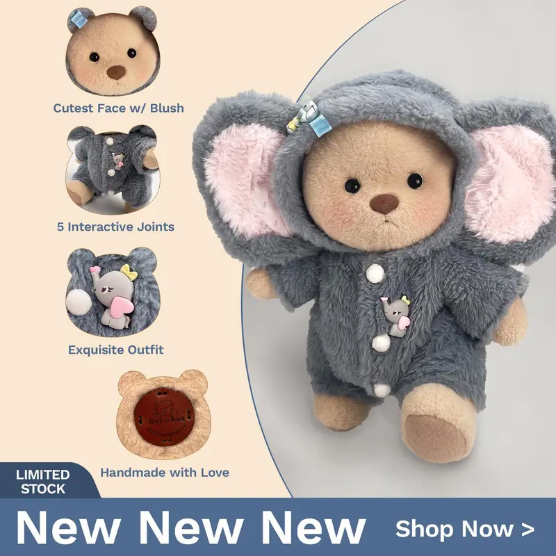 Dress Up Teddy Bear | Getahug 12 Inches Stuffed Animal for Collectible Toy Gift, Summervibes,Interchangeable Outfits Mink Hat,Blue shark,Pink Dino,Fluffy Elephant & Love Heart Sweater,Moderate Size Plushies Toy