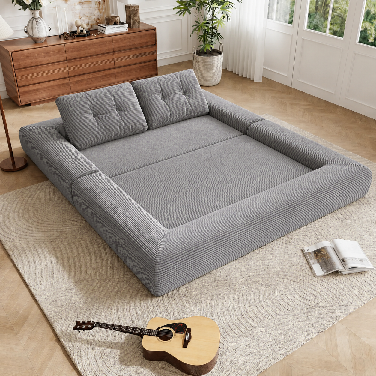 3-in-1 Convertible Sleeper Sofa Bed, Corduroy Folding Couch with Pillows, No Assembly Boneless Sofa