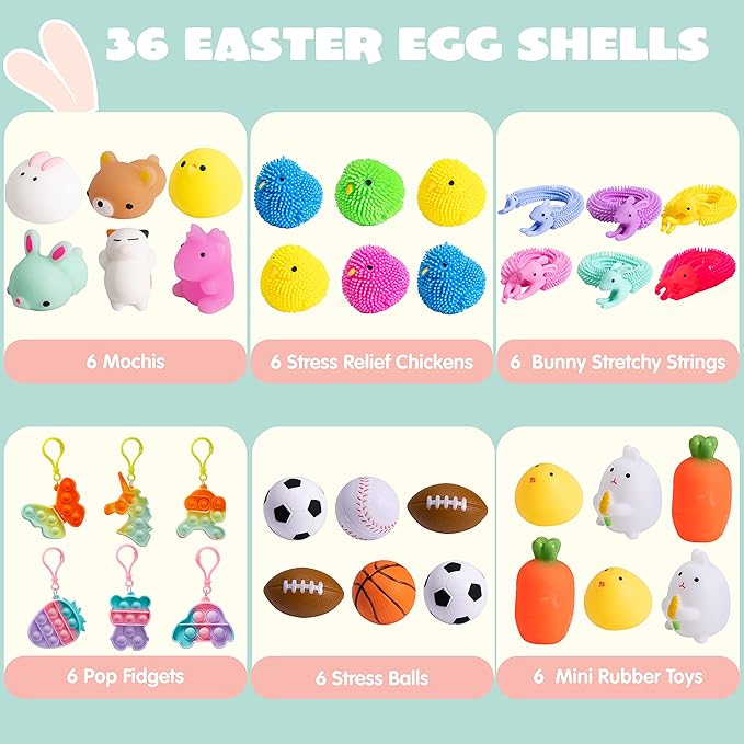 36pcs/48pcs/60pcs/80pcs/100pcs/120pcs/144pcs/160pcs/200pcs Prefilled Easter Eggs Toys and Stickers for Easter Egg Hunt, Filled with Toys Party Favors for Kids Boys Girls Easter Eggs Hunt, Basket Stuffers Fillers, Easter Egg Dye Decoration Kit