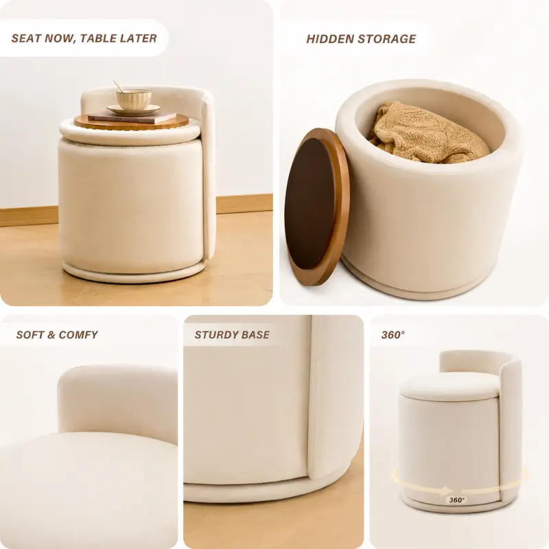 360° Swivel Upholstered Multifunctional Vanity Stool - Cloud-Soft Velvet Ottoman with Storage, Movable Footstool with Storage, Space-Saving Living Room Furniture for Bedroom Vanity Routines