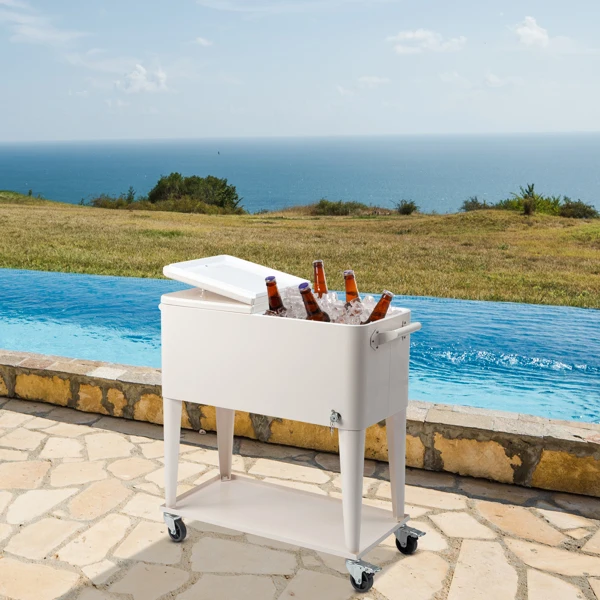 40L Portable Long Rectangle Plastic Cooler Box with Iron Legs 87.5x38.5x91cm Milk White Freezing & Insulating for Cans
