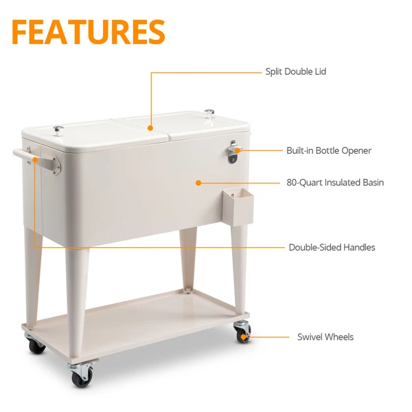 40L Portable Long Rectangle Plastic Cooler Box with Iron Legs 87.5x38.5x91cm Milk White Freezing & Insulating for Cans