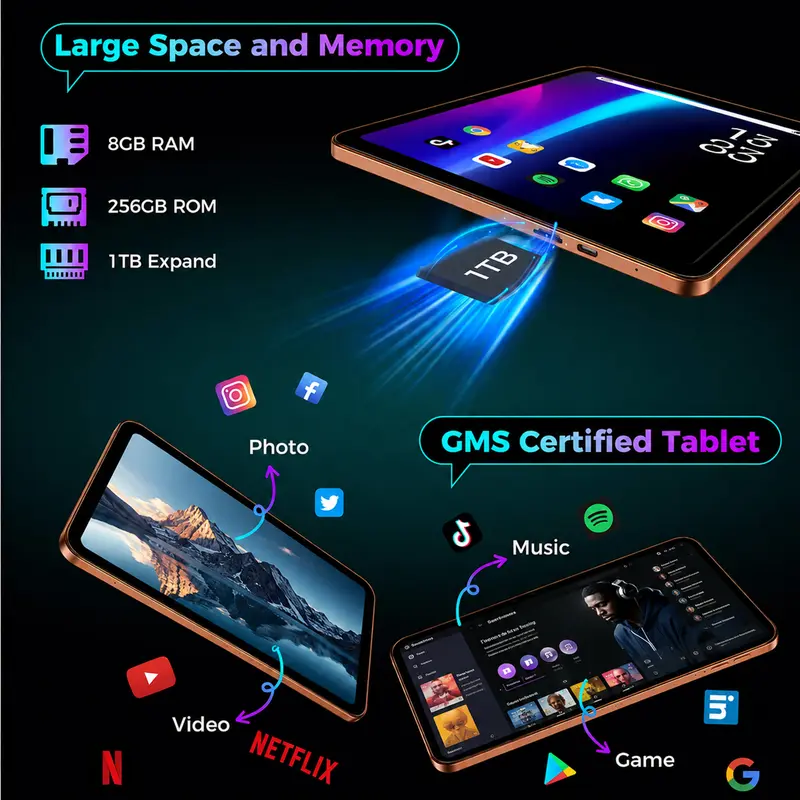 Back To School Android 10.1" Tablet Bundle, 8 + 256, Extended Storage Supported, w/ Keyboard Mouse Stylus for Notes, Classes, Streaming & Campus Life