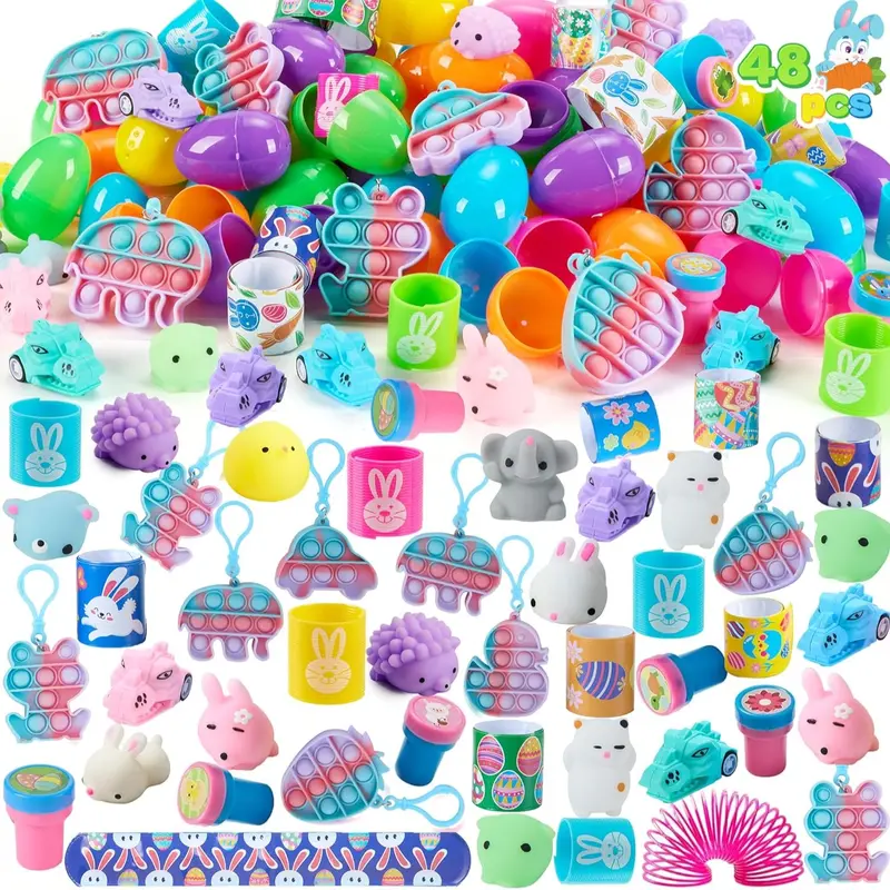 36pcs/48pcs/60pcs/80pcs/100pcs/120pcs/144pcs/160pcs/200pcs Prefilled Easter Eggs Toys and Stickers for Easter Egg Hunt, Filled with Toys Party Favors for Kids Boys Girls Easter Eggs Hunt, Basket Stuffers Fillers, Easter Egg Dye Decoration Kit
