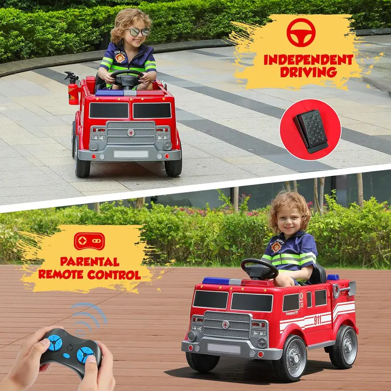 12V Fire Truck Police Car, Electric Ride on Car for Kids with Remote Control Battery Powered Toddler Car Siren-Call,walkie-talkies, Flashing Lights,Bluetooth,Music Ages 36+ Months