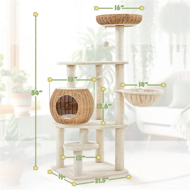 Yaheetech 54in Rattan Cat Tree Tower with Woven Condo, Clear Bubble Bed, Scratching Posts & Washable Cushions
