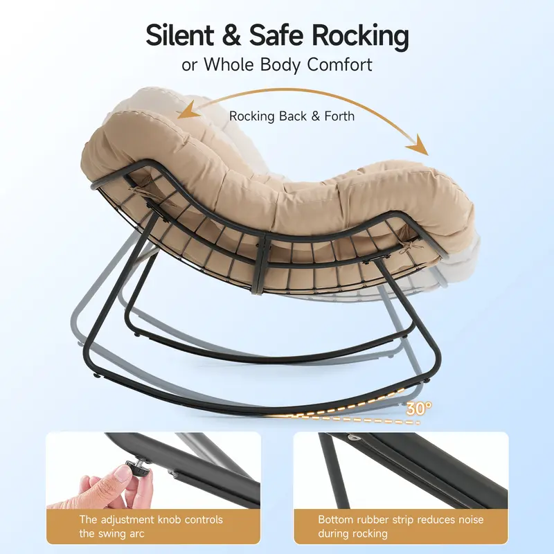 Papasan Rocking Chair Outdoor/ Indoor, Oversized Rocking Chair with Thickened Cushion, 450 lbs Large Comfy Egg Chair Indoor,Cozy Lounge Reading Glider Chair for Bedroom, Blue