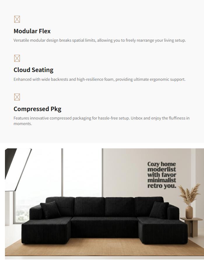 [2 Packages] Niccae 132-Inch U-Shaped Memory Foam Sectional Sofa &mdash; An oversized modular design offering "cloud-like" comfort; features deep seating and compressed corduroy fabric, combining space-saving capabilities with a convertible sleeper function.