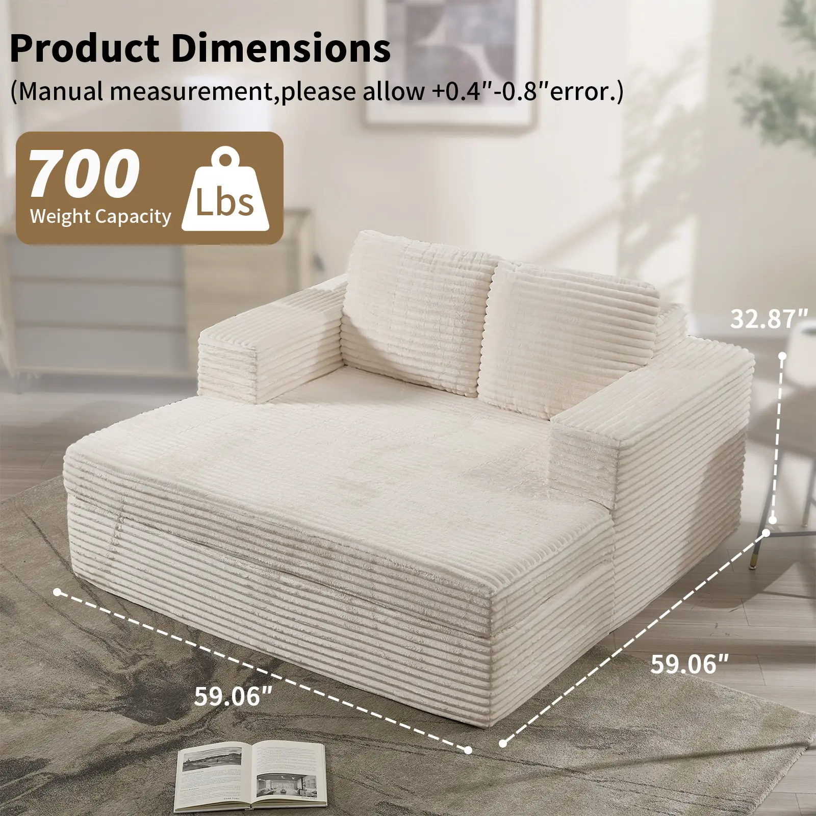 EBELLO Luxurious Corduroy Chaise Lounge Sofa Bed with Pillows