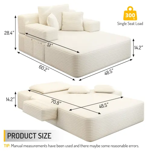 Luxury Plush Corduroy Convertible Sofa Bed, Oversized Chaise Lounge with 3 Pillows & Storage Pocket, Frameless Compression Foam Design for Small Spaces, No Assembly Required Sleeper Chair for Living Room, Apartment