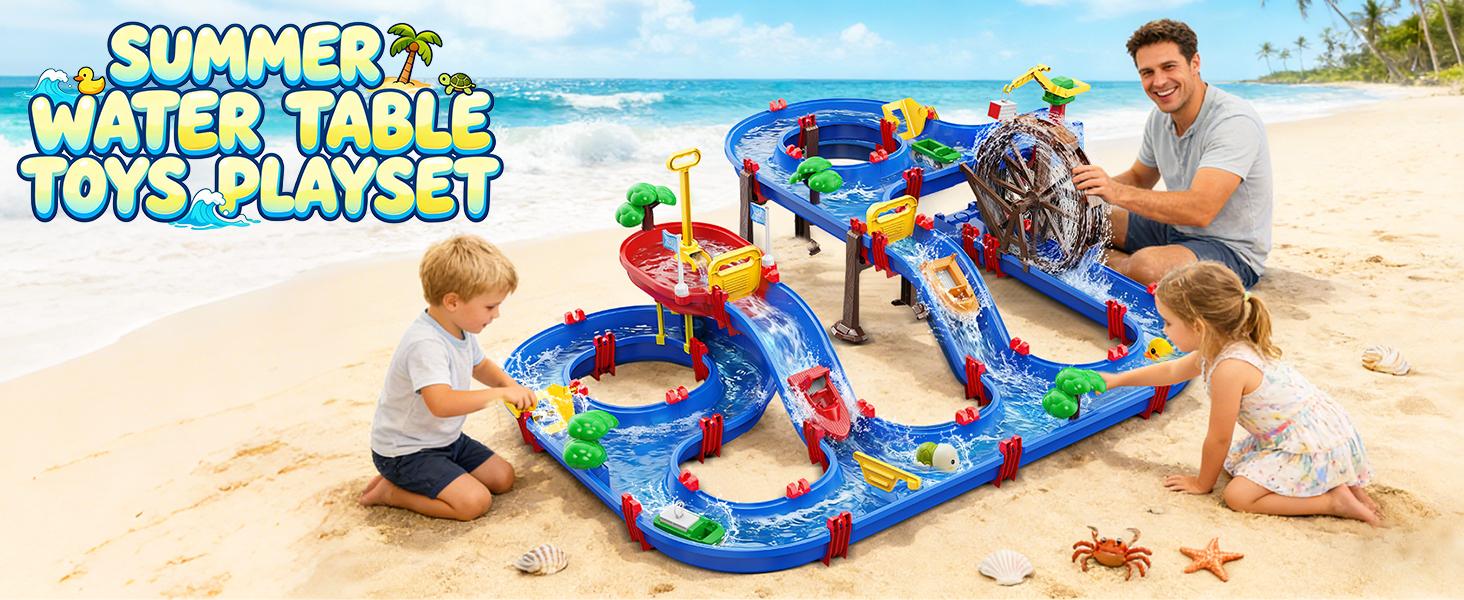 VATOS 2-Tier Watermill Summer Water Table, 124 PCS DIY Water Table with Water Pump Toys for Toddlers 3-5 4-7 Years Old, Fun Water Playset Outdoor Water Summer Toys for Backyard, Beach, Balcony, Garden,SummerVibes