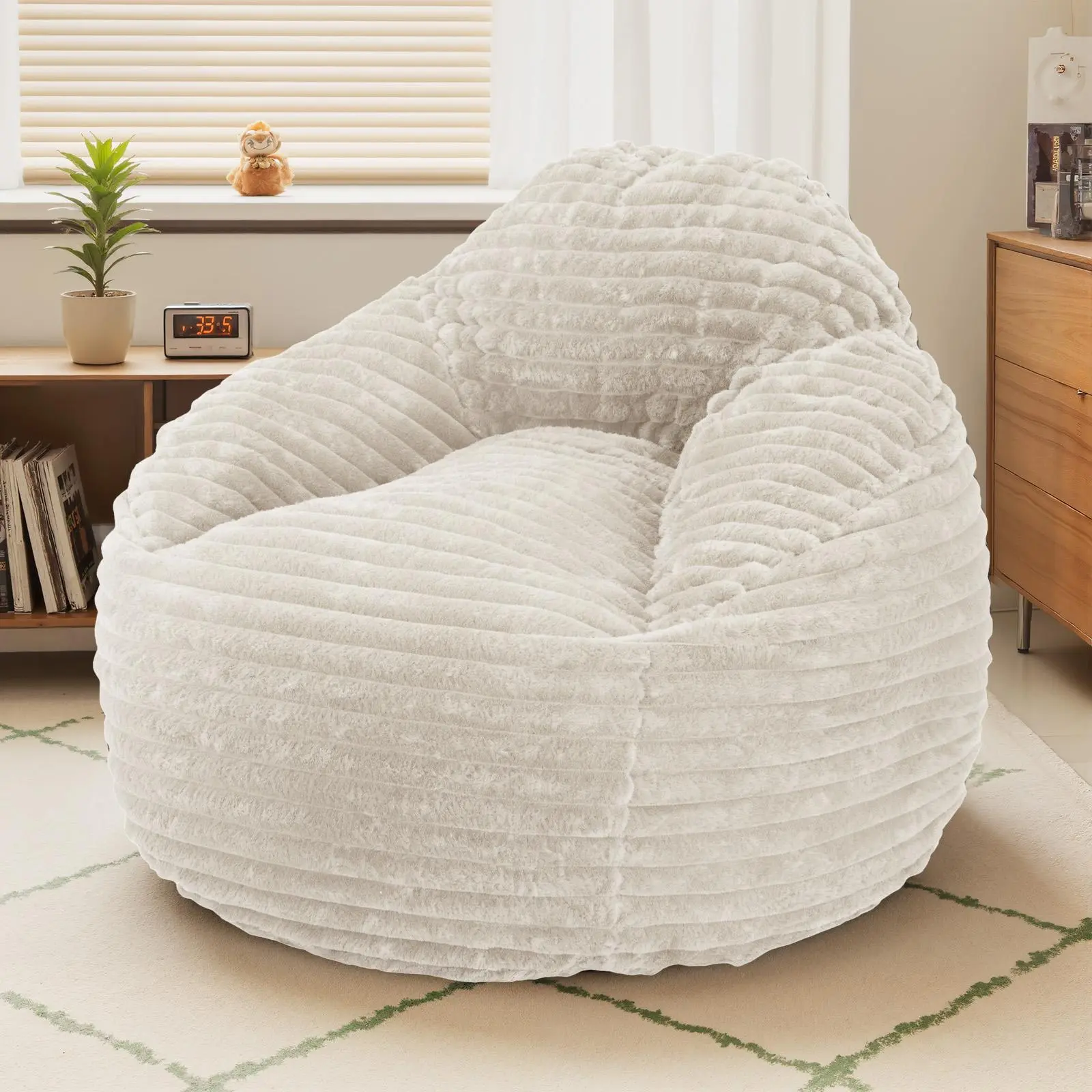 Bean Bag Chair 39 Inch Memory Foam Rounded Sofa with Backrest Beige and Black
