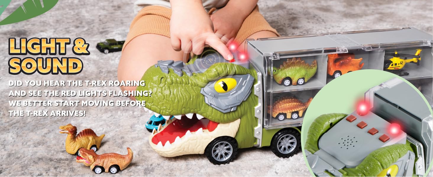 JOYIN 17inch 13 in 1 Dinosaur Transport Carrier Truck Set with 12 Pull Back Cars & 3 Die-cast Vehicles for Kids 3+ Year Old Boys Tyrannosaurus Truck & Triceratops Truck