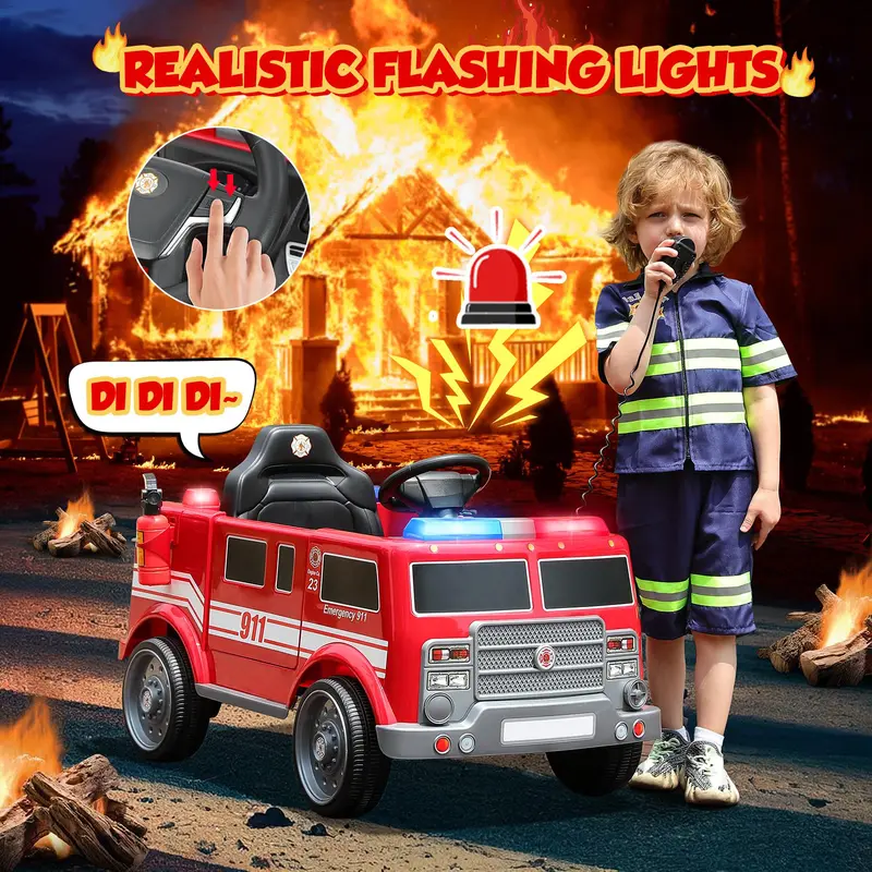 12V Fire Truck Police Car, Electric Ride on Car for Kids with Remote Control Battery Powered Toddler Car Siren-Call,walkie-talkies, Flashing Lights,Bluetooth,Music Ages 36+ Months