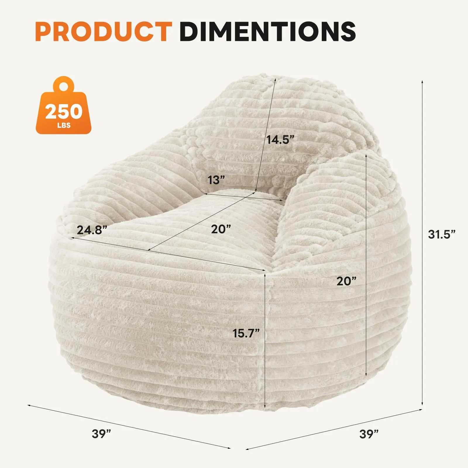 Bean Bag Chair 39 Inch Memory Foam Rounded Sofa with Backrest Beige and Black