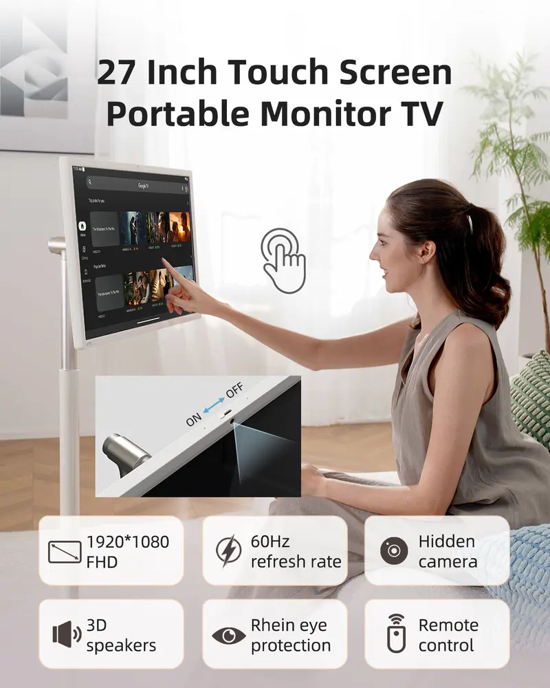 27" Portable Smart Touch Screen, Android 14, 8GB+128GB, 1080P Display, 9500mAh Battery, Wi-Fi Wireless Casting, Built-in Camera & Speakers