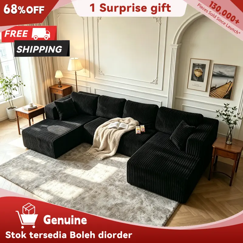 Niccae 132-Inch U-Shaped Memory Foam Sectional Sofa — An oversized modular design offering "cloud-like" comfort; features deep seating and compressed corduroy fabric, combining space-saving capabilities with a convertible sleeper function.