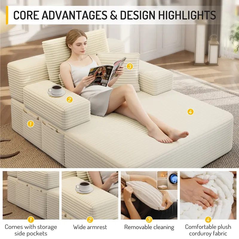 Luxury Plush Corduroy Convertible Sofa Bed, Oversized Chaise Lounge with 3 Pillows & Storage Pocket, Frameless Compression Foam Design for Small Spaces, No Assembly Required Sleeper Chair for Living Room, Apartment