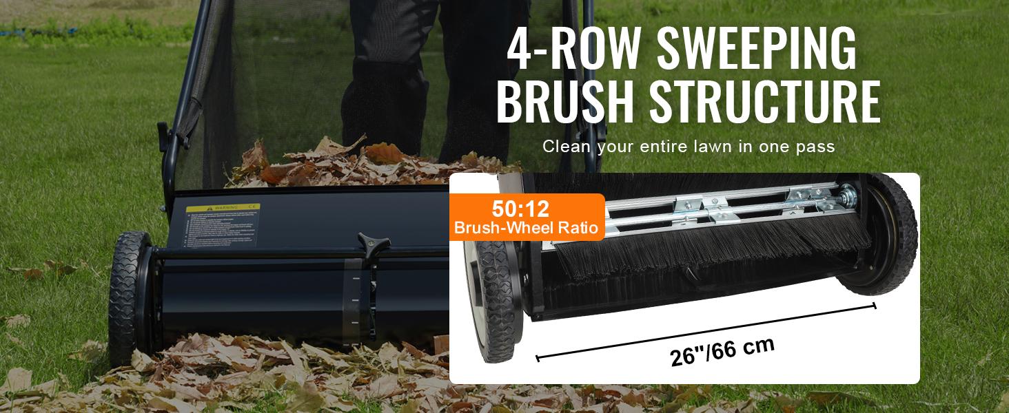 【fathersdaygift】VEVOR Push Lawn Sweeper 26 Inch Leaf & Grass CollectorStrong Rubber Wheels & Heavy Duty Thickened Steel Durable to Use with Large Capacity 7 ft&sup3; Mesh Collection Bag4 Spinning Brushes