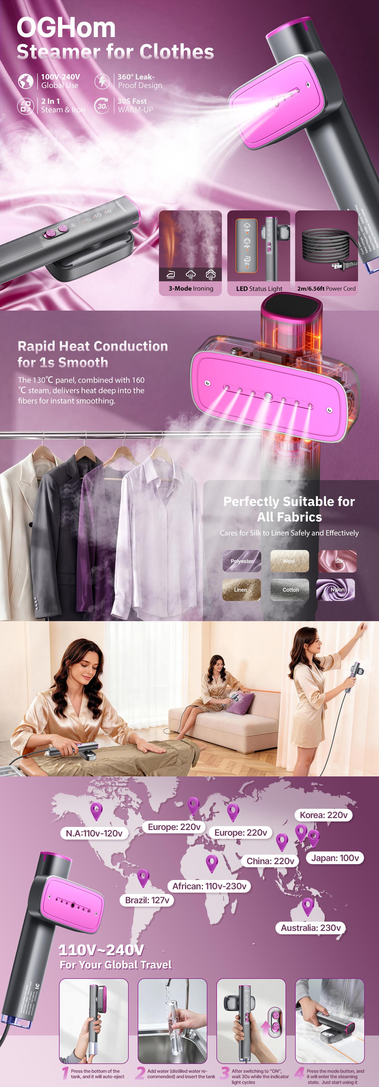 【SummerWins】OGHom Clothes Steamer, Travel Steamer, 2-in-1 Handheld Steamer, 110-240V Portable Clothing Steamer for Global Use, 30s Fast Heat-Up Wrinkle Remover for Global Use, 1000W Powerful Steam,  Lightweight , Travelers & Family, Summerwins