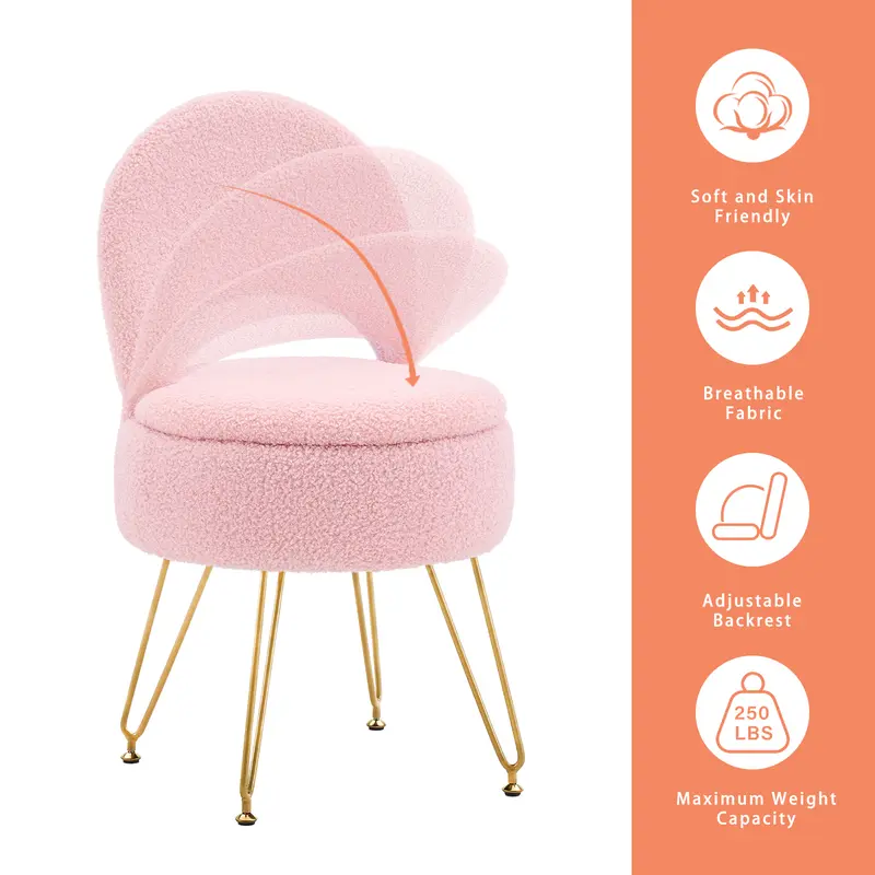 Small Teddy Velvet Vanity Chair - Multifunctional Storage Ottoman Stool with Folding Back, Reading Chair, Upholstered Design, 4 Metal Anti-Slip Legs for Bedroom, Living Room