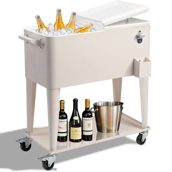 40L Portable Long Rectangle Plastic Cooler Box with Iron Legs 87.5x38.5x91cm Milk White Freezing & Insulating for Cans