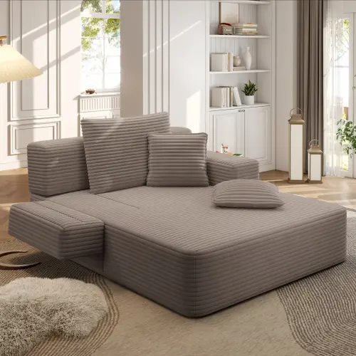 Luxury Plush Corduroy Convertible Sofa Bed, Oversized Chaise Lounge with 3 Pillows & Storage Pocket, Frameless Compression Foam Design for Small Spaces, No Assembly Required Sleeper Chair for Living Room, Apartment
