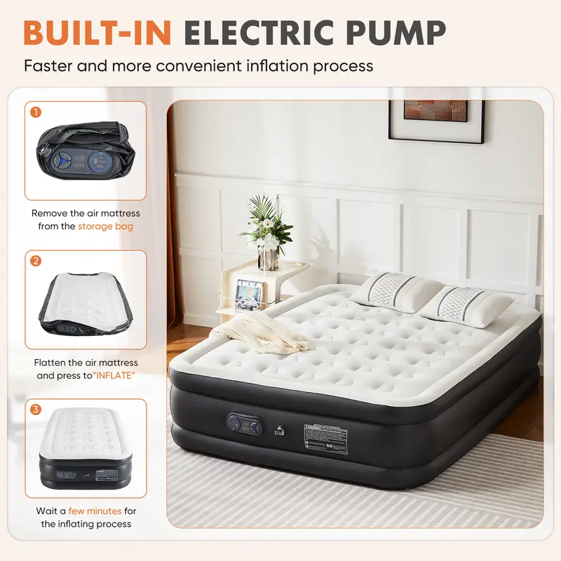 Sweetcrispy Inflatable Air Mattress (Inflatable Bed Mattresses) with Built-in High-Capacity Pump, Double Height, Non-Slip Bottom, 660 lbs Weight Capacity, Portable for Camping, Home Use