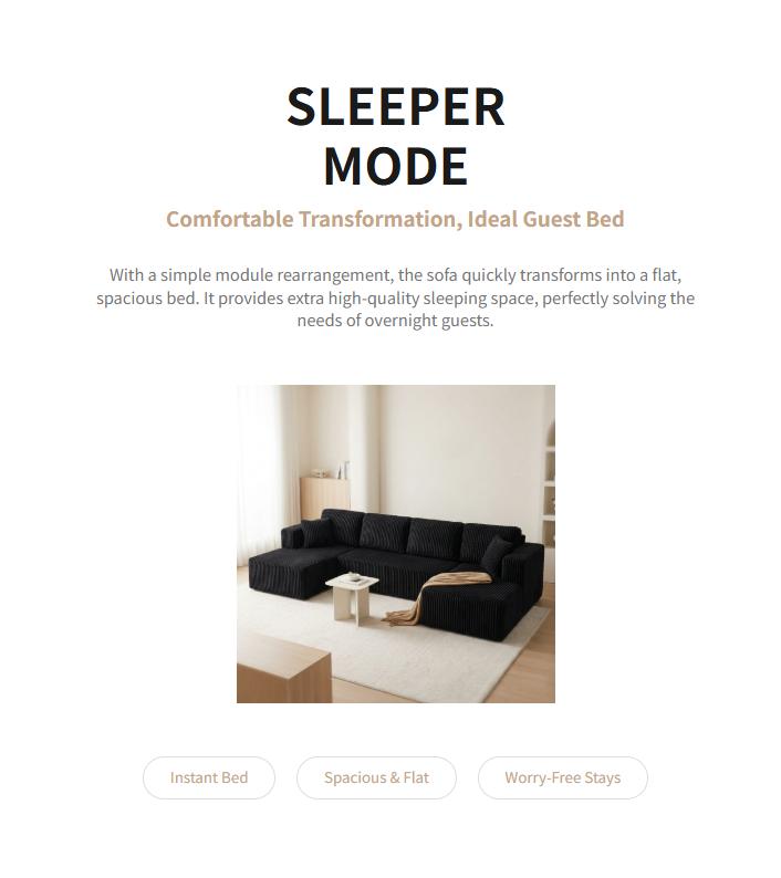 [2 Packages] Niccae 132-Inch U-Shaped Memory Foam Sectional Sofa &mdash; An oversized modular design offering "cloud-like" comfort; features deep seating and compressed corduroy fabric, combining space-saving capabilities with a convertible sleeper function.