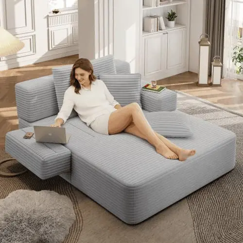 Luxury Plush Corduroy Convertible Sofa Bed, Oversized Chaise Lounge with 3 Pillows & Storage Pocket, Frameless Compression Foam Design for Small Spaces, No Assembly Required Sleeper Chair for Living Room, Apartment