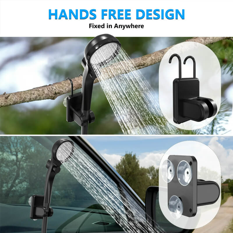 360&deg; rotated knob stepless control water flow, offers gentle and comfortable stream at up to 3 gal/min (12 L/min). Comes with extra washing nozzle for car washing. The hooks and 3 suction cups set for easy hanging.