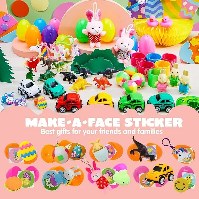 36pcs/48pcs/60pcs/80pcs/100pcs/120pcs/144pcs/160pcs/200pcs Prefilled Easter Eggs Toys and Stickers for Easter Egg Hunt, Filled with Toys Party Favors for Kids Boys Girls Easter Eggs Hunt, Basket Stuffers Fillers, Easter Egg Dye Decoration Kit