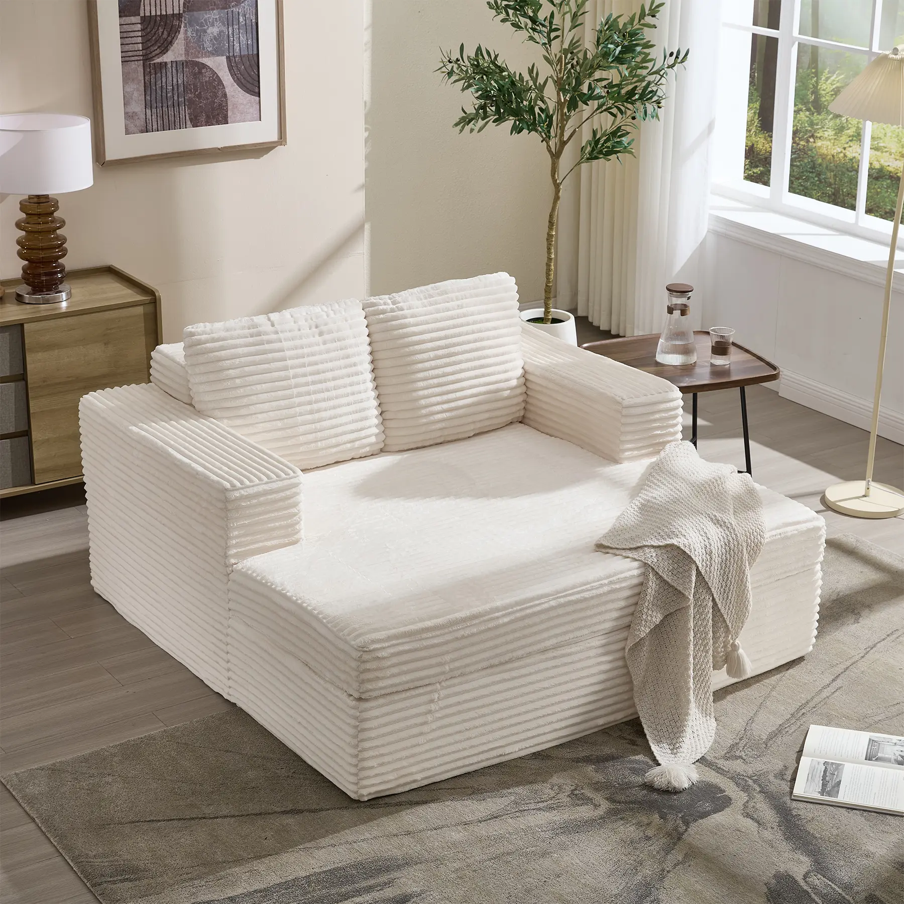 EBELLO Luxurious Corduroy Chaise Lounge Sofa Bed with Pillows