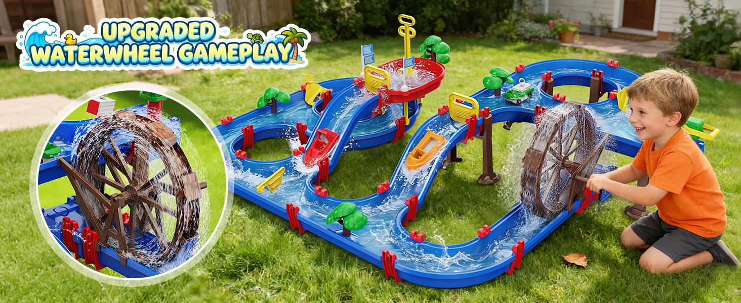 VATOS 2-Tier Watermill Summer Water Table, 124 PCS DIY Water Table with Water Pump Toys for Toddlers 3-5 4-7 Years Old, Fun Water Playset Outdoor Water Summer Toys for Backyard, Beach, Balcony, Garden,SummerVibes