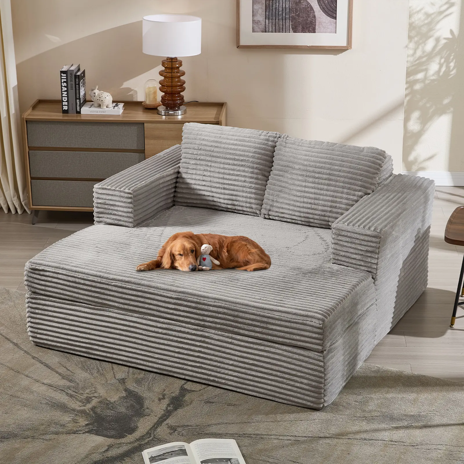 EBELLO Luxurious Corduroy Chaise Lounge Sofa Bed with Pillows