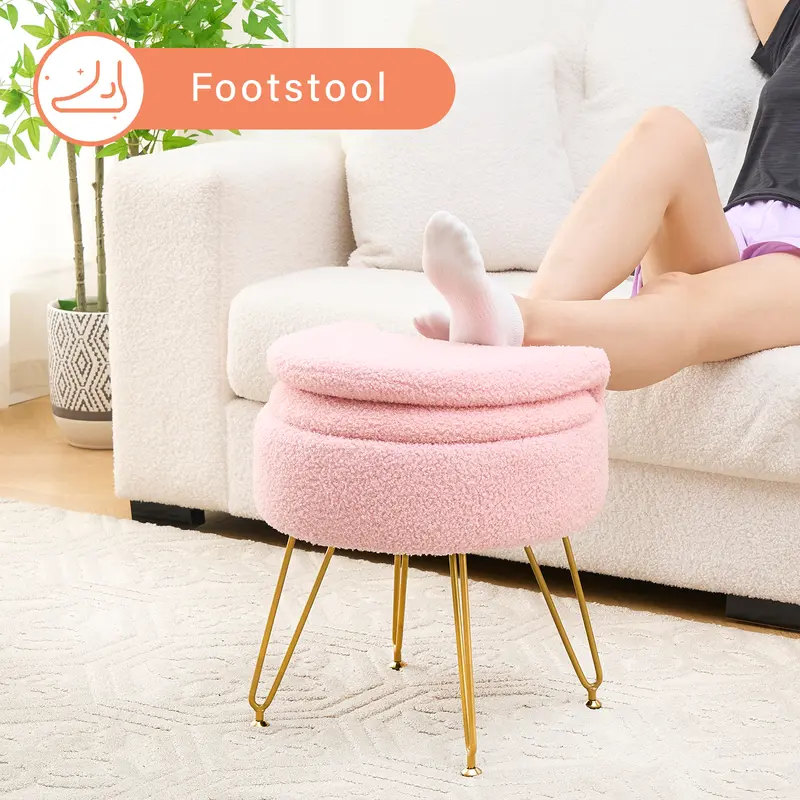 Small Teddy Velvet Vanity Chair - Multifunctional Storage Ottoman Stool with Folding Back, Reading Chair, Upholstered Design, 4 Metal Anti-Slip Legs for Bedroom, Living Room